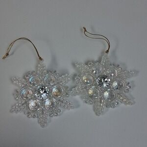 2 Vintage Iridescent Snowflake Christmas Ornaments Acrylic Crystal Style Taiwan